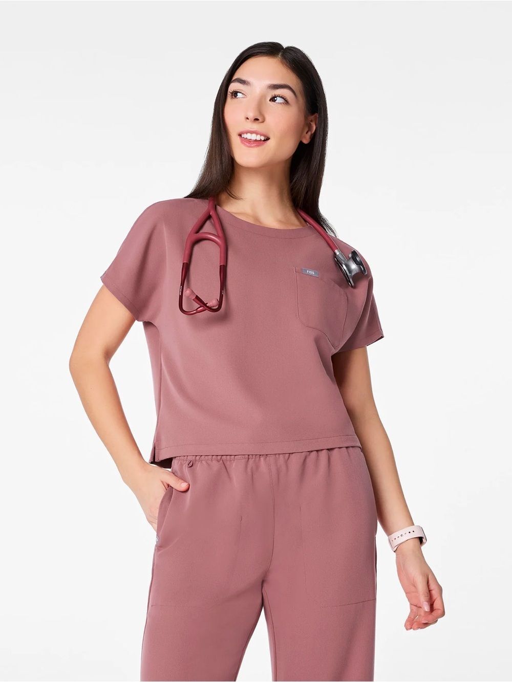 FIGS Women's Mauve Short-Sleeve Crewneck One Pocket Medical Top Medium